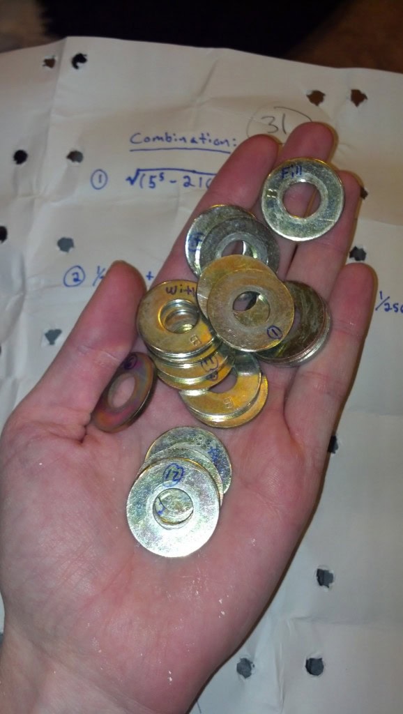 Vala! After undoing the lock there were a series of washers with a number on one side and a word on the other. I but them in numerical order and then flipped them over for my next clue...