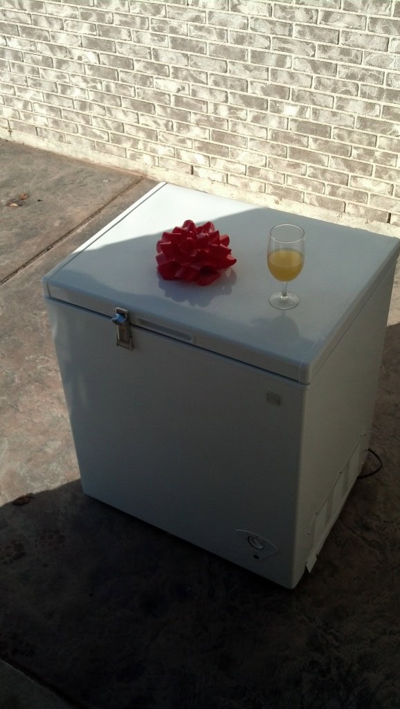 They go to my cute new deep freezer which will be finding it's way full of delicious home cooked freezeer meals for me in preparation for MiniMiller's arrival! Isn't it cute! Nathan put the lock on himself (since it now sits out back on my patio)