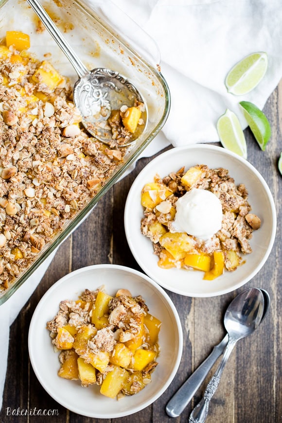 Pineapple crumble in baking dish and bowls