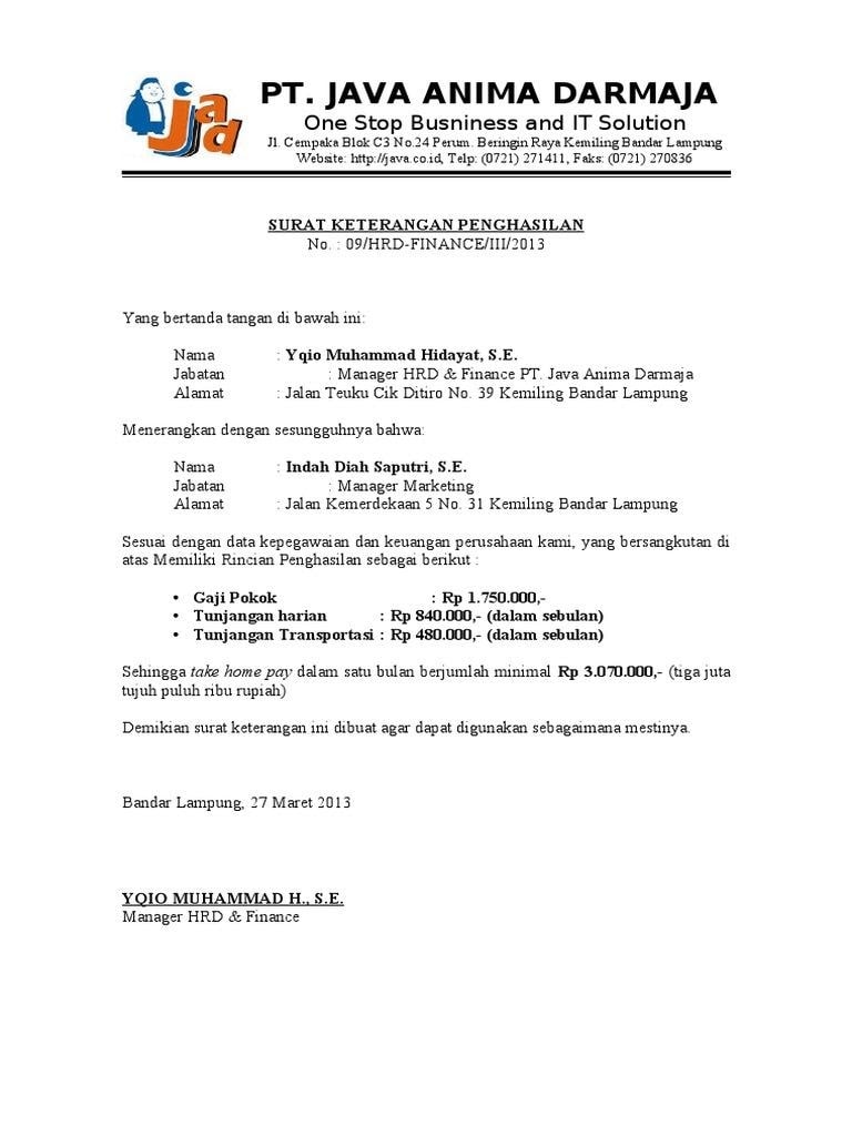 15 Contoh Surat Keterangan Penghasilan & Gaji Karyawan ...