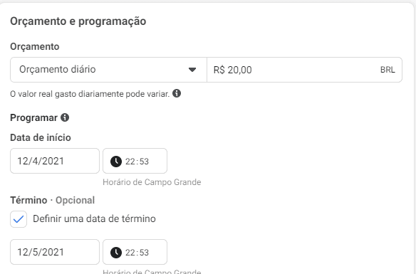 orçamento e programação de anuncios no facebook ads