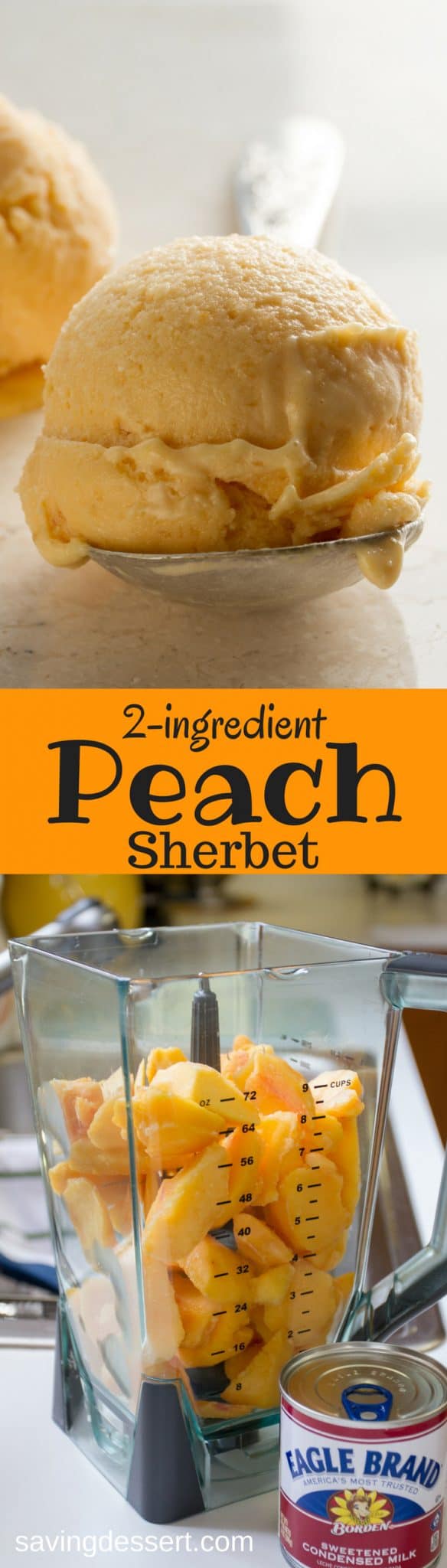 Peach Sherbet - a creamy, delicious, velvety smooth fresh peach dessert - made with only two ingredients right in your blender! #peach #sherbet #sorbet #icecream #peachicecream #peachsherbet #frozentreat