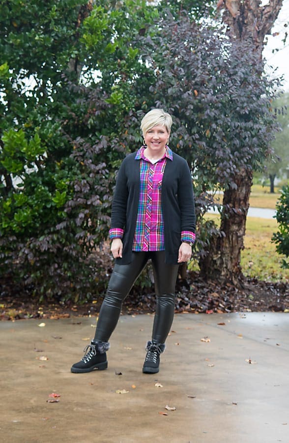 plaid shirt and cardigan with leggings