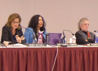 Governor Brown's appointees to the Coastal Commission, Wendy Mitchell, Effie Turnbull-Sanders, and Martha McClure, at the March 2016 hearing in Santa Monica. Photo By Jack Eidt.