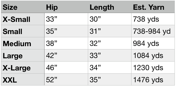 crochet tunic tee size chart