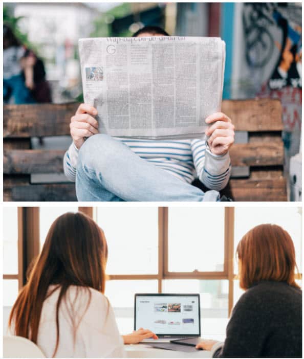 newspapers computer comparing traditional to digital marketing web design blue dolphin stacked