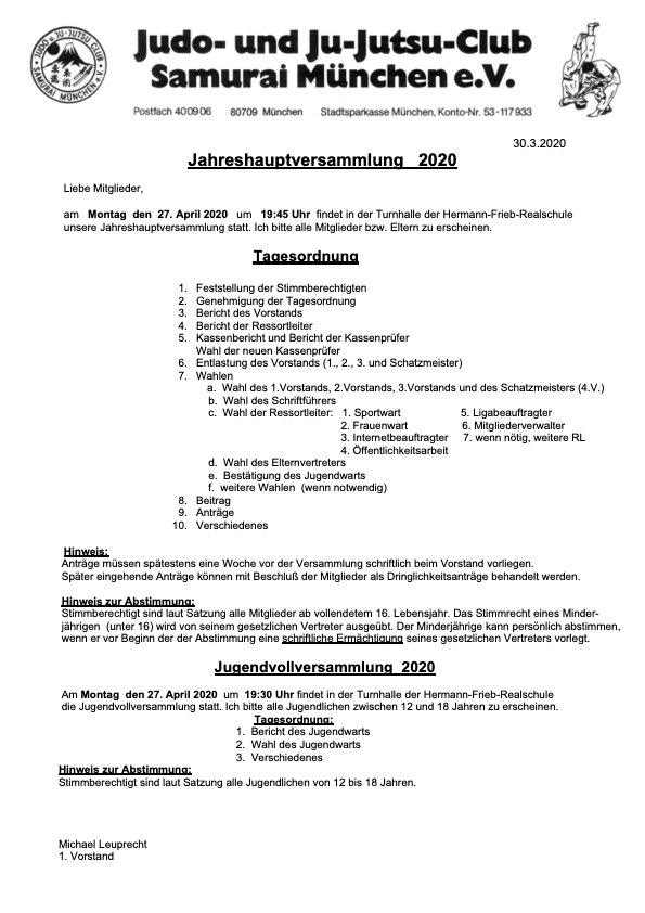 Einladung JHV 2020 mit Tagesordnung