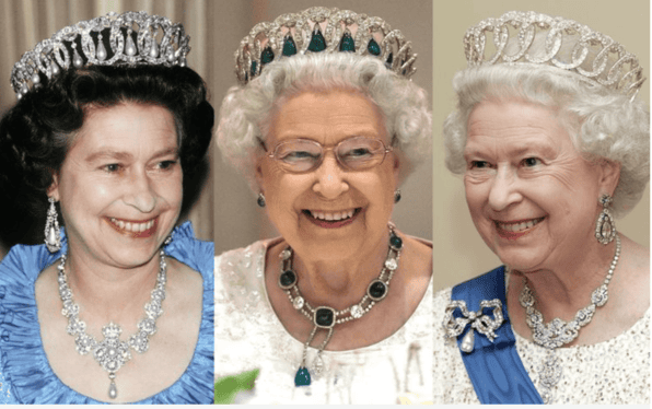 Her majesty Queen Elizabeth wearing the Valdimir Tiara with the natural pearls, the Cambridge Emeralds and without any drops. Photocredit: Getty Images