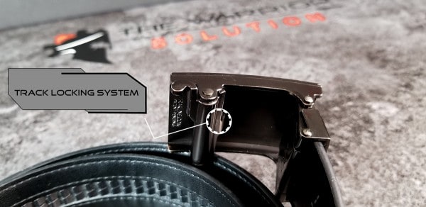 Kore Essentials Gun belt track locking buckle Kore Essentials Leather Gun Belt close up view of X2 buckle track locking system