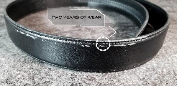 Kore Essentials Gun belt two years of wear close up Kore Essentials leather EDC belt close up of two years of wear