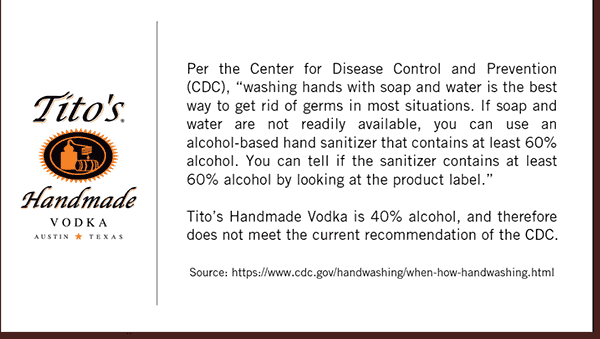Tito's warning on using their Vodka to make hand sanitizers