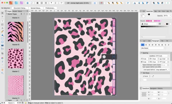 Screenshot of Pink Animal Digital Planner in Affinity Publisher
