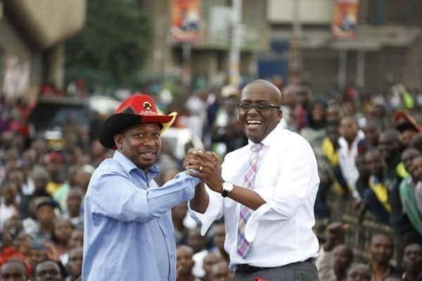 Mike Sonko, the Jubilee Party's gubernatorial nominee for Nairobi with deputy governor nominee Polycap Igathe in the county on May 17, 2017. PHOTO | CHARLES KIMANI | DPPS