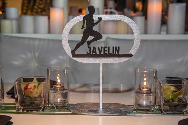Laser Cut Designs; table number with runner and "Javelin"
