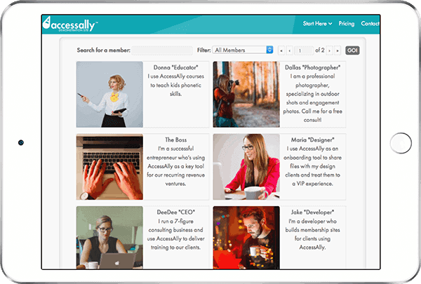 WordPress-Member-Directory-Plugin iPad with screenshot of AccessAlly Membership Directory Feature - WordPress Member Directory Plugin