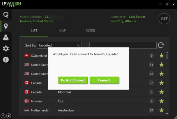 Connecting to Canada server (IPVanish)