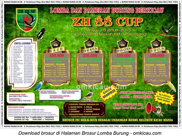 Brosur Lomba Burung Berkicau ZH 88 Cup, Palembang, 18 Januari 2015