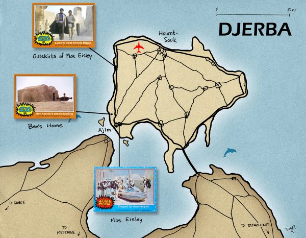 The distinctive architecture used for Mos Eisley spaceport was all located on an island lying just off the Tunisian coast (above). Only a tip from production manager Robert Watts led me to search this unlikely Mediterranean location for dry desert planet filming sites. ©2017 David West Reynolds. Used with permission.