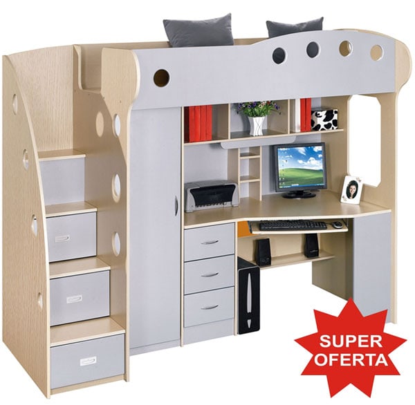Dormitor copii multifunctional Kring Kul, pat supraetajat, dulapuri, birou gri