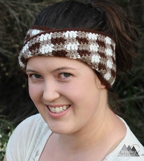 Learn to crochet this easy plaid ear warmer or headband. This crochet project works up fast and makes a great gift. We used them for family photos. Full photo tutorial showing how to make them. It is just one free crochet pattern to make all three styles. #crochet #crochetheadband #crochetearwarmer