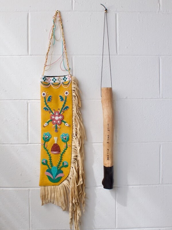'for hambone, metis billy stick' - seed beads, brain tanned hide, leather, wood, acrylic paint, chain.