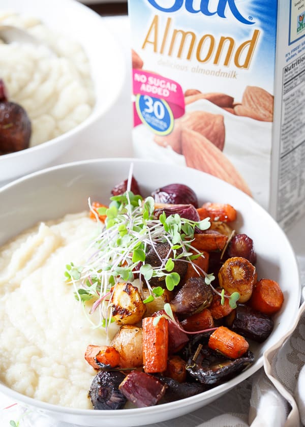 Silk unsweetened almond milk make a creamy celery root puree base for hearty roasted balsamic vegetables Silk unsweetened almond milk make a creamy celery root puree base for hearty roasted balsamic vegetables