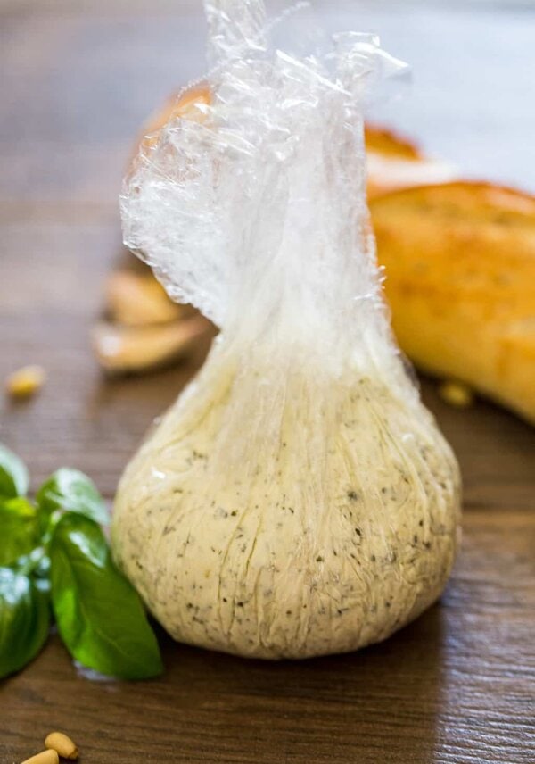 Basil Pesto Goat Cheese Ball ready to go into fridge