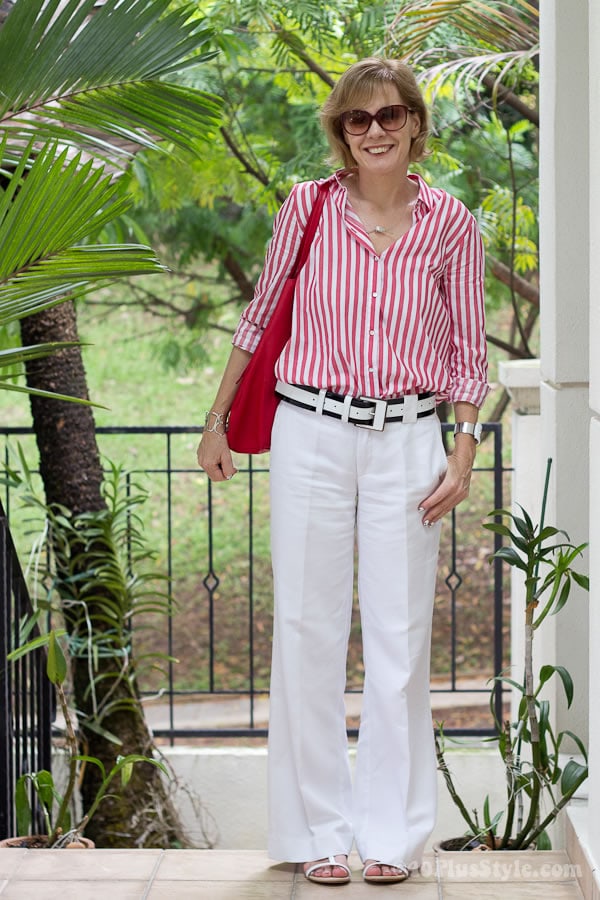 white trousers red stripe