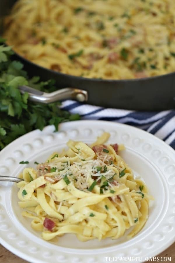 Eggs, bacon and parmesan team up to create an out of this world Pasta Carbonara. This easy recipe is perfect for a quick weeknight meal. #PastaCarbonara #PastaRecipe #EasyRecipe #Spaghetti