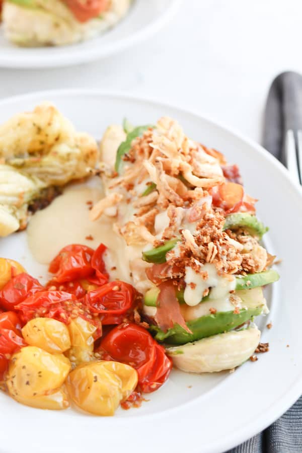 Instant Pot Hasselback Chicken Cordon Bleu served on a white plate