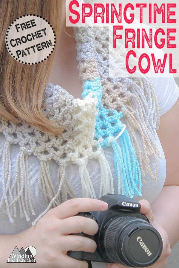 Crochet the quick and easy Springtime Fringe Cowl free crochet pattern by Winding Road Crochet. This cowl works up fast and uses only one skein of yarn. #springcrochet #crochetscarf #crochetcowl
