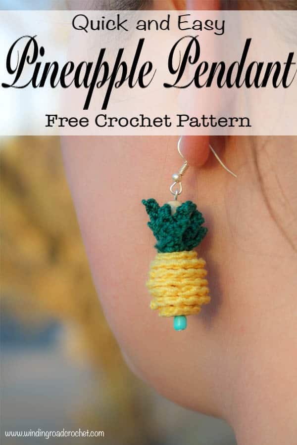 Crochet a quick and easy Crochet Pineapple Pendant or two and wear them on a necklace, bracelet, earrings or even as a zipper pull. This free crochet pattern takes very little time to accomplish with just a few basic jewelry and crochet supplies. This is a great project using only basic crochet stitches. Photo tutorial is available for any slightly tricky parts so even beginners can make this project. #forbeginners #quick #easy #crochet #freecrochetpattern #freecrochet #crochetpattern #pineapple #jewelry #crochetjewelry #crochetnecklace #crochetearrings #crochetbracelet #earrings #pineapplejewelry