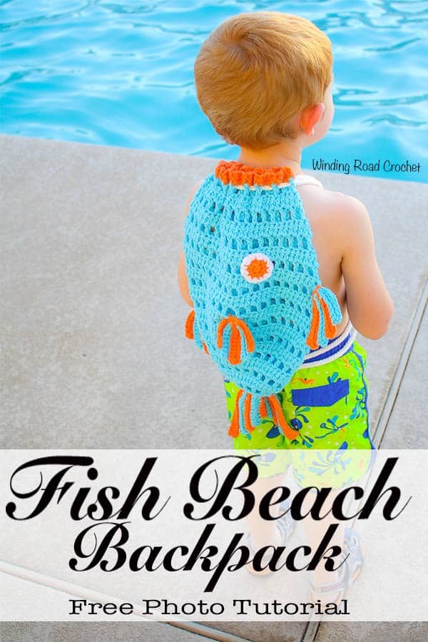 The Fish Beach Backpack is the kids way to help drag all the beach toys to the pool with their own crochet beach bag. This free crochet pattern has photos to walk your through the whole project. #crochet #beachbag #freepattern