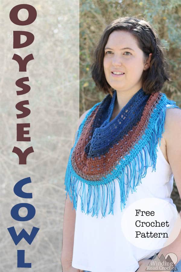 The Odyssey Cowl is a light and unique fall accessory. This free crochet pattern is quick and easy and great for beginners. It makes a wonderful roadtrip project or christmas gift. Pair this with a light jacket and jeans and you have a perfect fall outfit. #crochet #freepattern #fallcrochet #fall #handmadegift