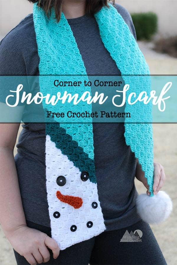 C2C Snowman Scarf is a beautiful fun and creative way to create a fun scarf using the corner to corner crochet technique. Follow this free crochet pattern to create a whimsical crochet scarf. with a snowman motif. #crochetscarf #crochetpattern