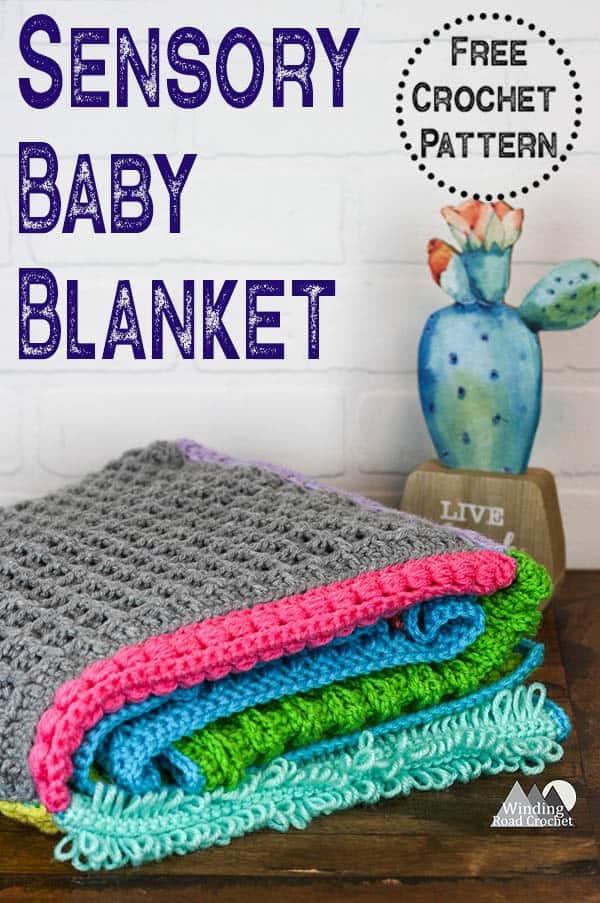 Use this collection of crochet stitch tutorials to make this crochet sensory baby blanket. This blanket makes a great gift and is so fun to create with all the beautiful textured crochet stitch squares. #crochetblanket #crochetbabyblanket