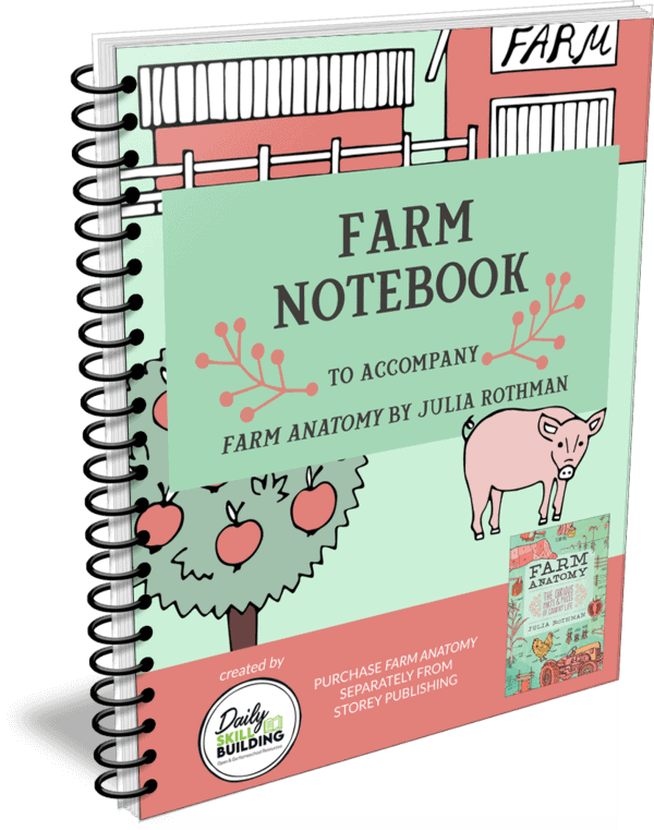 Farm Notebook workbook cover page with illustrated pig and barn