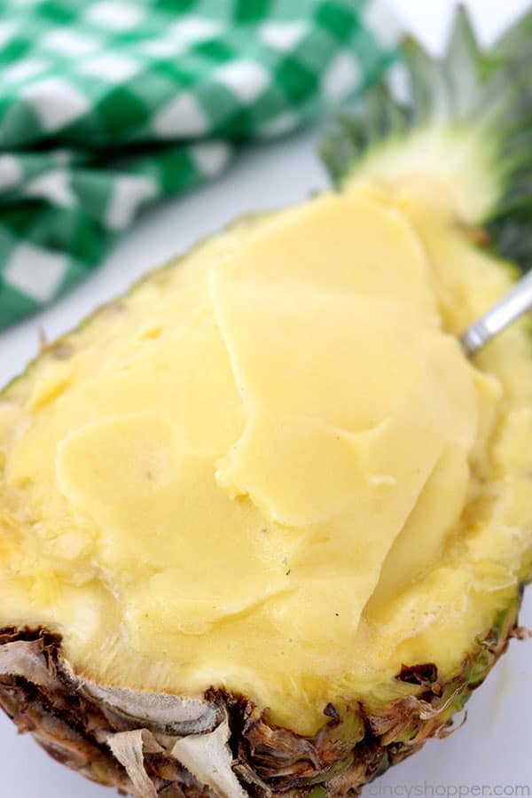 Pineapple sorbet inside hollowed pineapple half