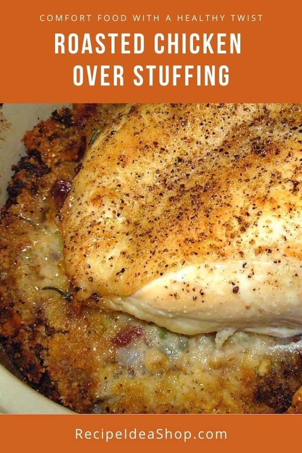 Simple Roasted Chicken Over Stuffing. 15 minutes prep. Bake for 1 hour. EAT. #roastedchickenoverstuffing #chickenrecipes #comfortfood #chicken #recipes #recipeideashop