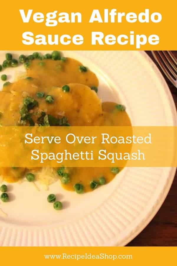 Vegan Alfredo Sauce over Roasted Spaghetti Squash and Topped with Mint & Candied Ginger. Oh my! #veganalfredosauce; #veganrecipes; #spaghettisquash; #glutenfree; #dairyfree; #recipes; #recipeideashop