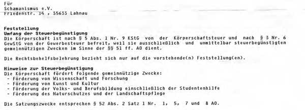 Gemeinnützigkeit des Schamanismus e.V. - Auszug aus dem Bescheid des Finanzamtes.