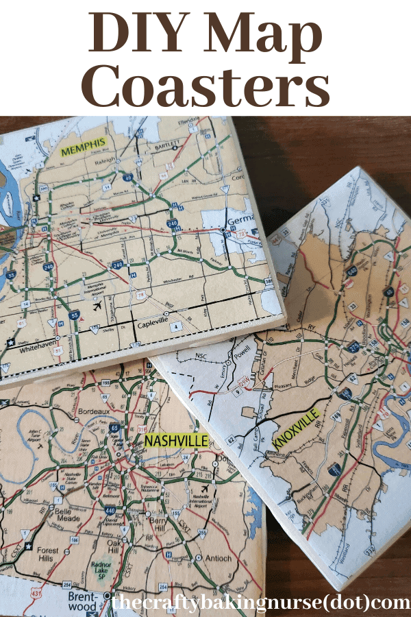 3 coasters with maps of Nashville Tennessee, Memphis Tennessee and Knoxville Tennessee with the text "DIY Map Coasters"