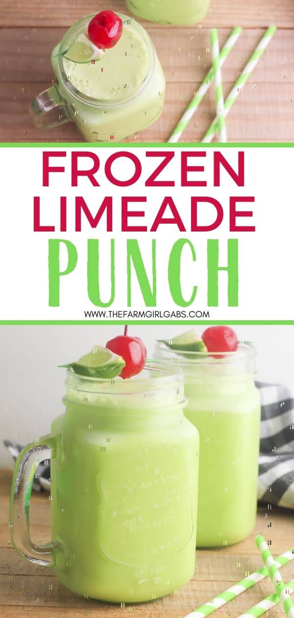 Cool off with a glass of this refreshing Frozen Limeade Punch. This is an easy frozen drink recipe that makes a great party punch too. This non-alcoholic drink recipe is the perfect mocktail for kids and adults. It is a big batch recipe so it is a perfect party drink. This limeade slushie recipe is a winner.