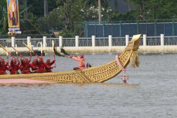 Barge Master waves black feather "batons" at oarsmen dressed in red traditional Thai uniforms. Oarsmen raise paddles in unison during Royal Water Processional.