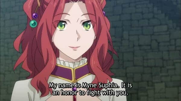 Myne (Bridcutt Sarah Emi) introducing herself to Naofumi.