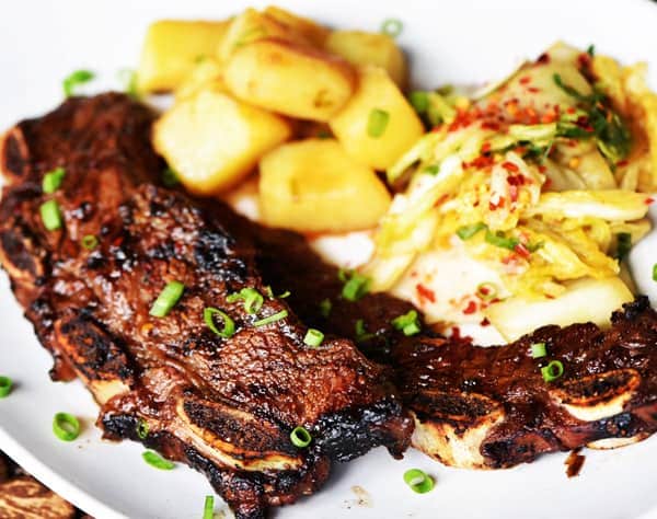 Kalbi Short Ribs with Kimchi and Roasted Sweet Potatoes