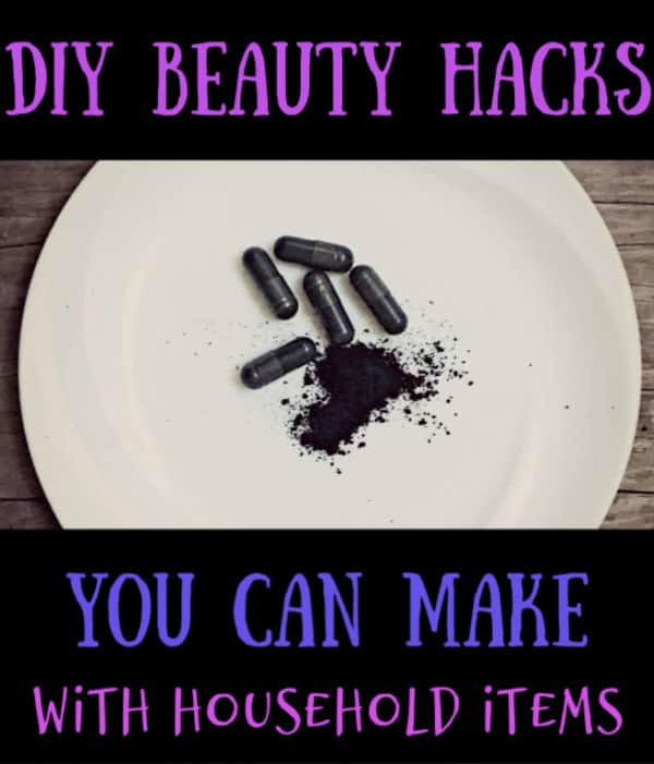 charcoal pills on a white plate. DIY beauty hacks graphic.
