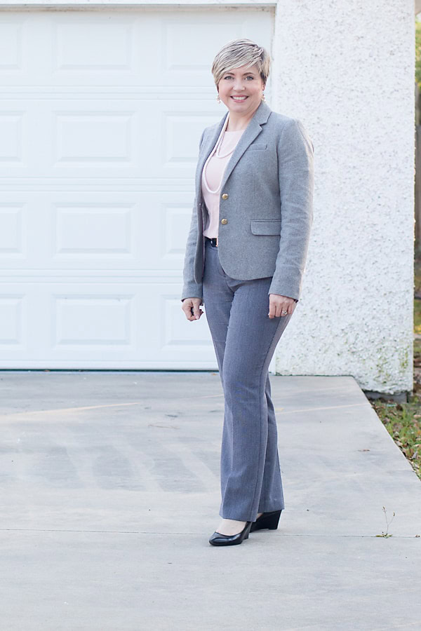 office outfit with blush and grey