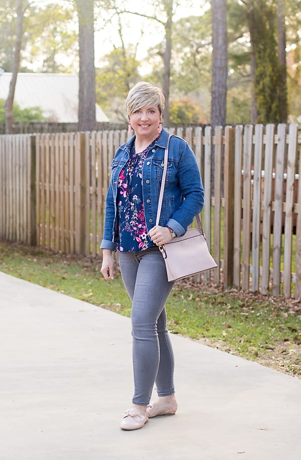 floral blouse and blush mules