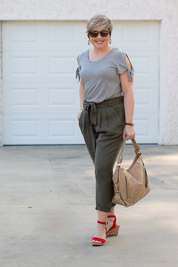 tie sleeve grey tee with olive paper bag pants